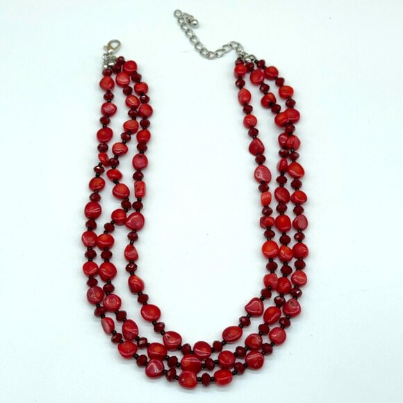 Unbranded Jewelry - Natural Stone Red Triple Layer Necklace Glass Faceted & Black Spacer Beads 16"
